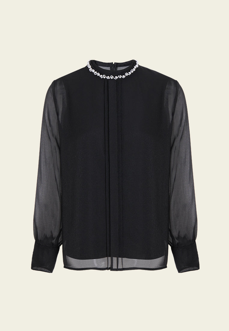 Embellished Floral Trim Sheer Blouse