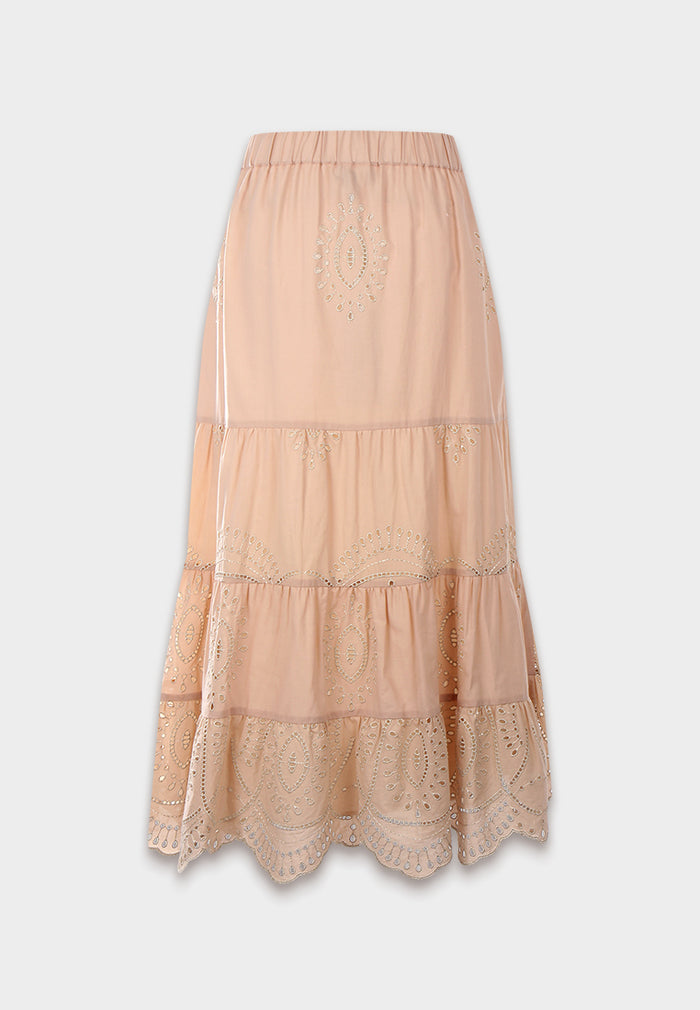 Peach Embroidered Tier Skirt