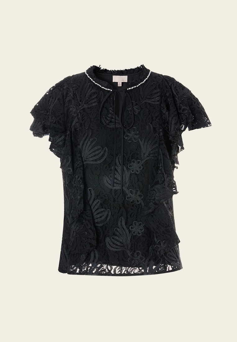 Tie-neck Embellished Cap-sleeve Lace Top