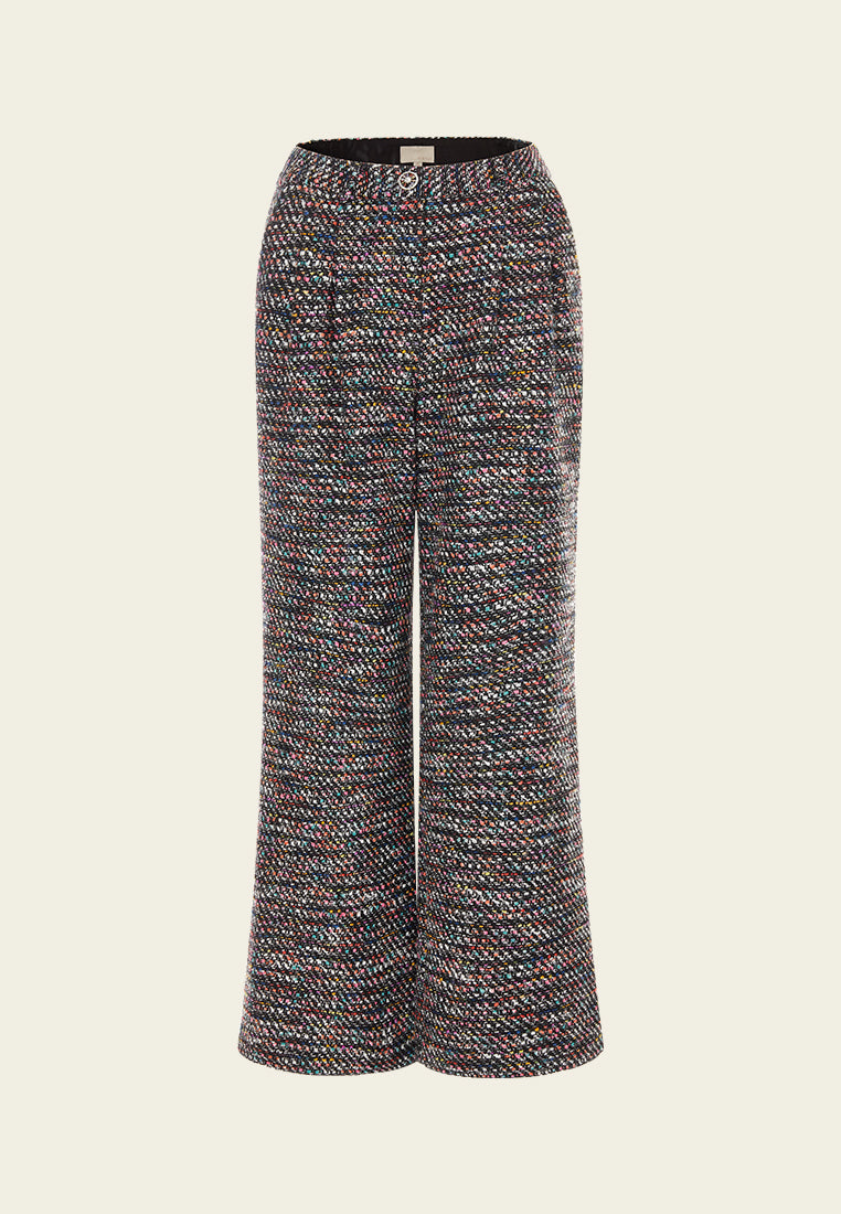 Mixed tweed Hollow-carved Crystal Button Flared Trousers