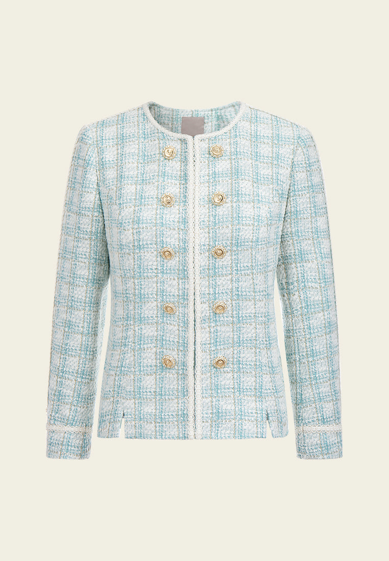 Embellished-trim Sculptured-button Checked Jacket