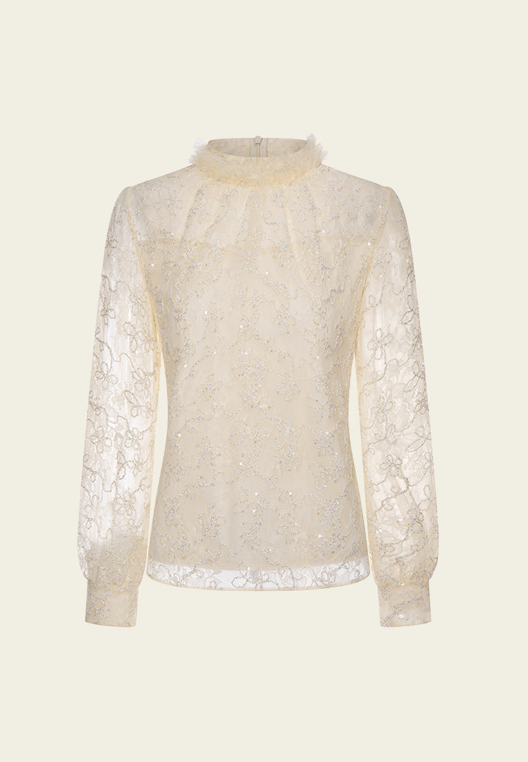 Lurex-detail Ruffle-collar Puff-sleeve Lace Blouse