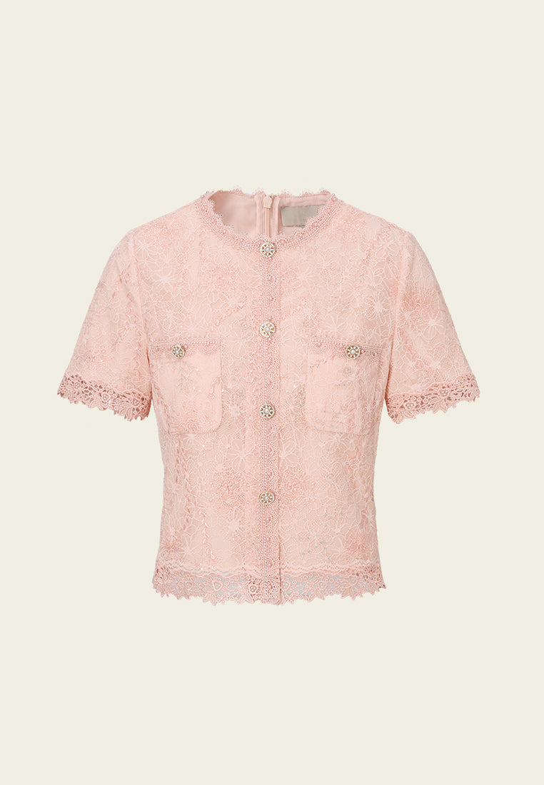 Embellished Enamel-button Lace Top