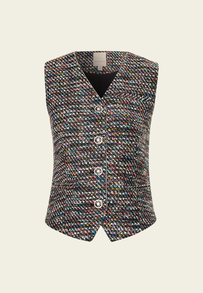 Mixed tweed Hollow-carved Crystal Button Metalic-trim Waistcoat