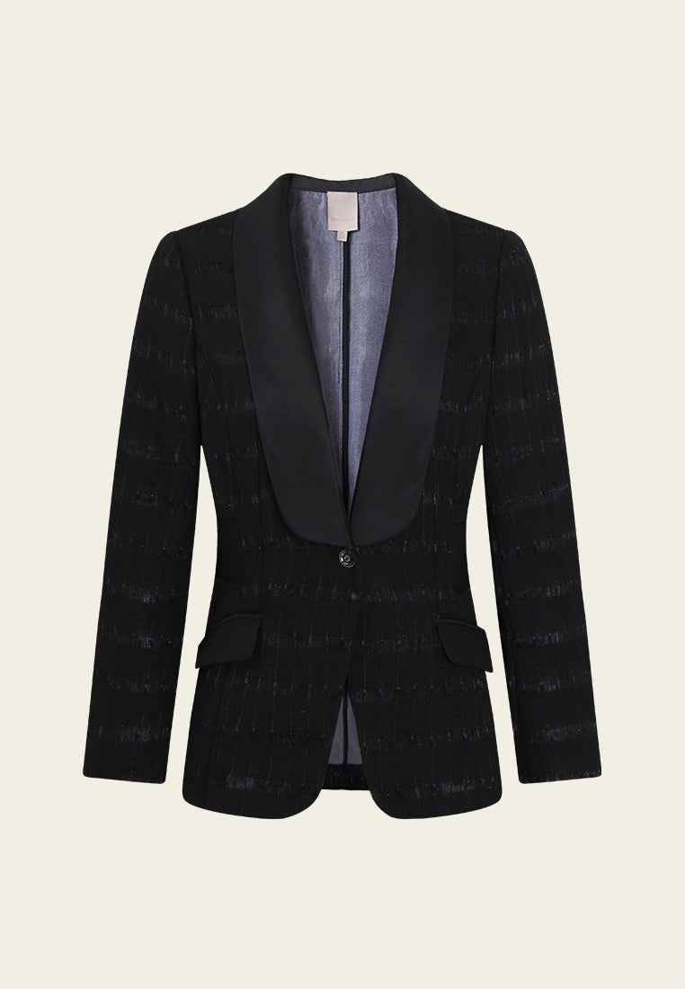 Single-Button Flap-pocket Striped Tweed Blazer
