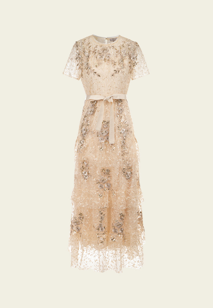 Sequin-detail Floral Embroidered Layered Mesh Dress