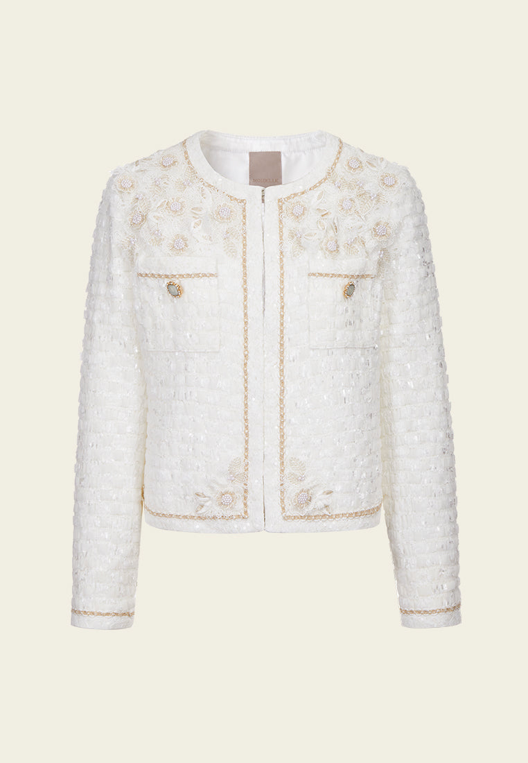 Crease-effect 3D Flower Lurex-and-pearl-detail Jacket