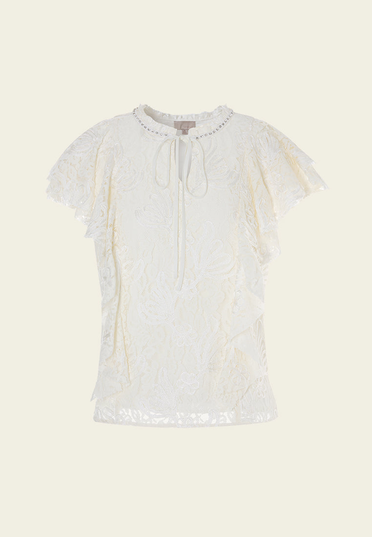 Tie-neck Embellished Cap-sleeve Lace Top