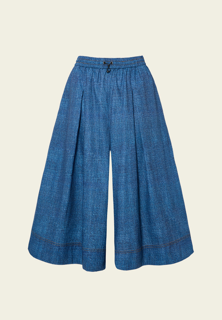 Denim-pattern Drawstring-waistband Wide-leg Trousers