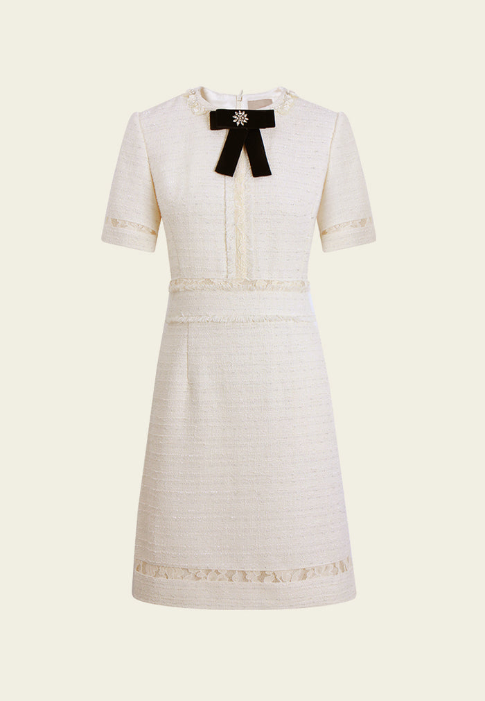 Lace-Trim Tweed Dress with Velvet Bow