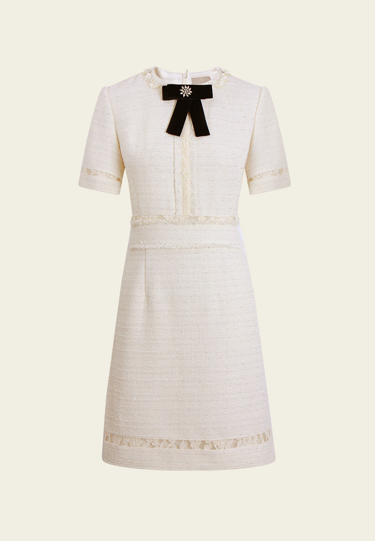 Lace-Trim Tweed Dress with Velvet Bow