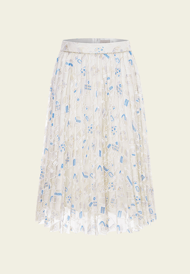 Beige Dreamy Embroiederd Pleated Midi Skirt