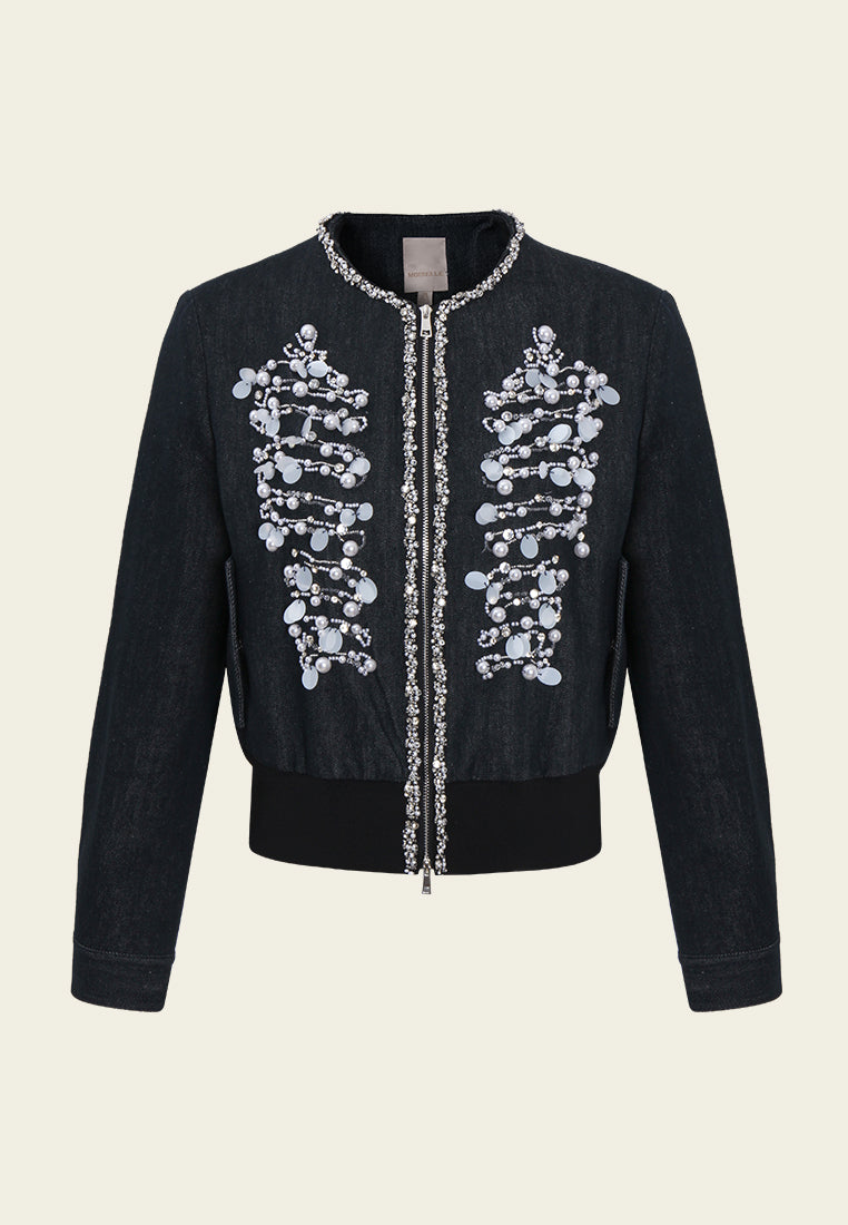 Contrasting-embellishment Denim Bomber Jacket