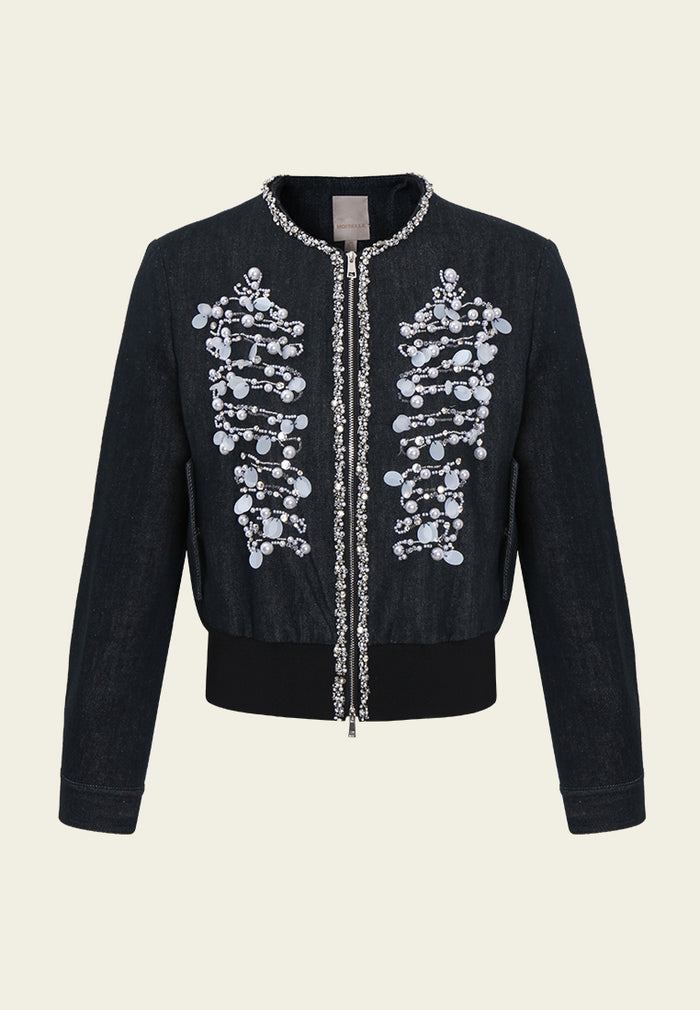 Contrasting-embellishment Denim Bomber Jacket