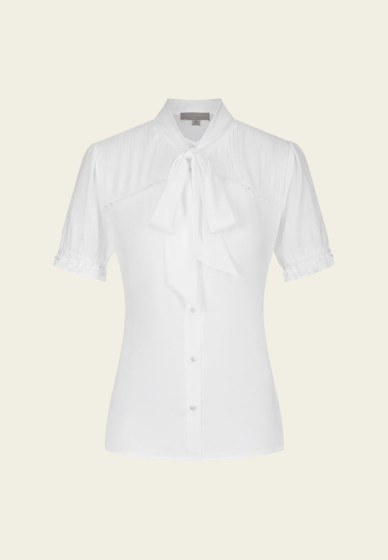 Slim-fit Pussy-bow Puff-sleeve Shirt