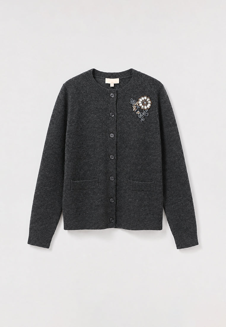 Fleur Précieuse Embellished Wool Cardigan