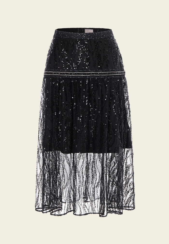 Black Sequin Mesh Midi Skirt