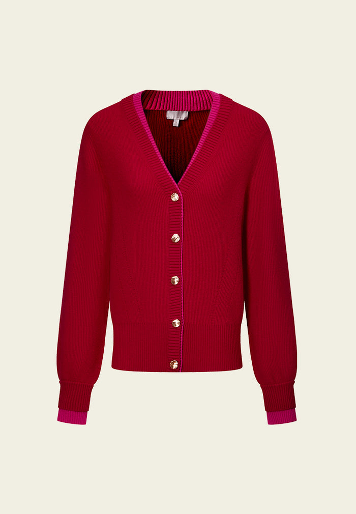 Ribbed Layered-trim V-neck Cardigan