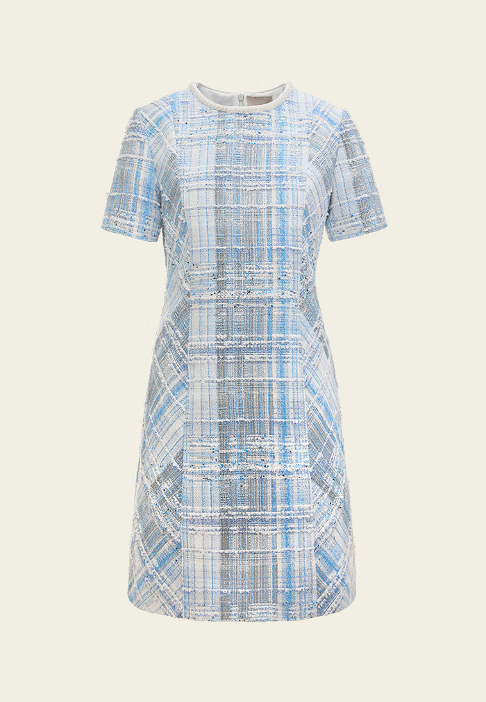 Beaded-Trim Stripped Mix Tweed Dress