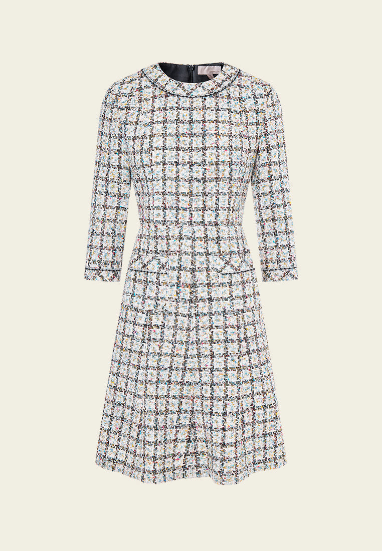 Flared-hem Patch Pocket Checker Tweed Dress