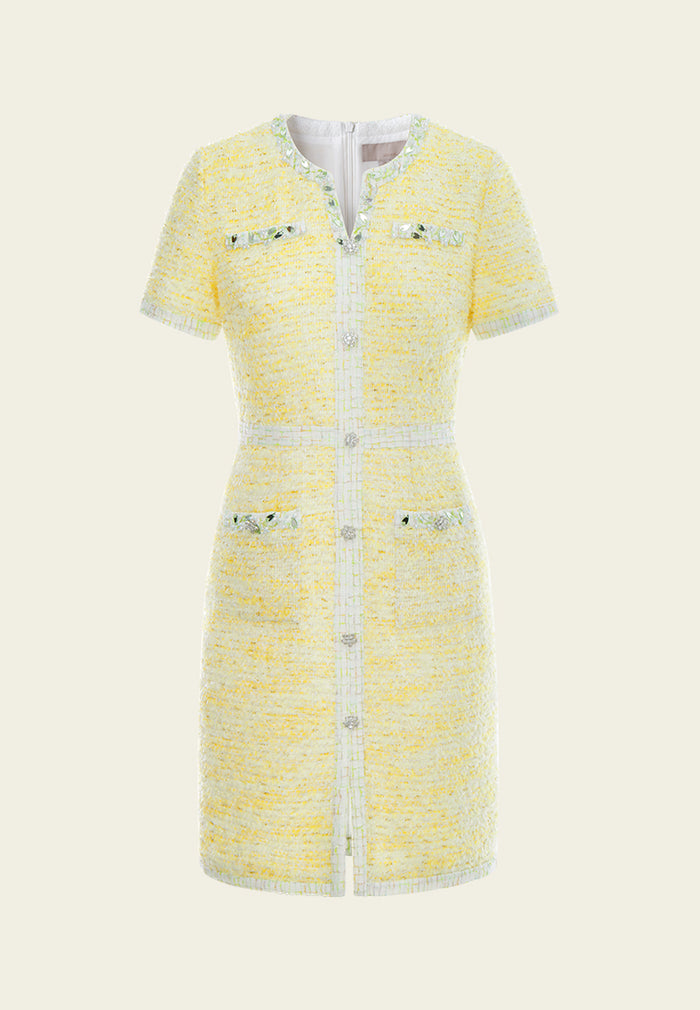 Flower-detail Embellished-trim Pocket Tweed Dress