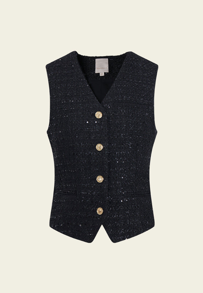 Crystal Grain Gold-Button Tweed Vest