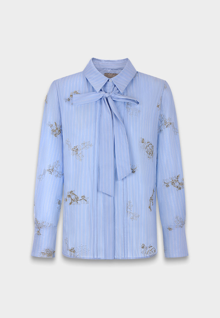 Blue Embroidered Bow Blouse
