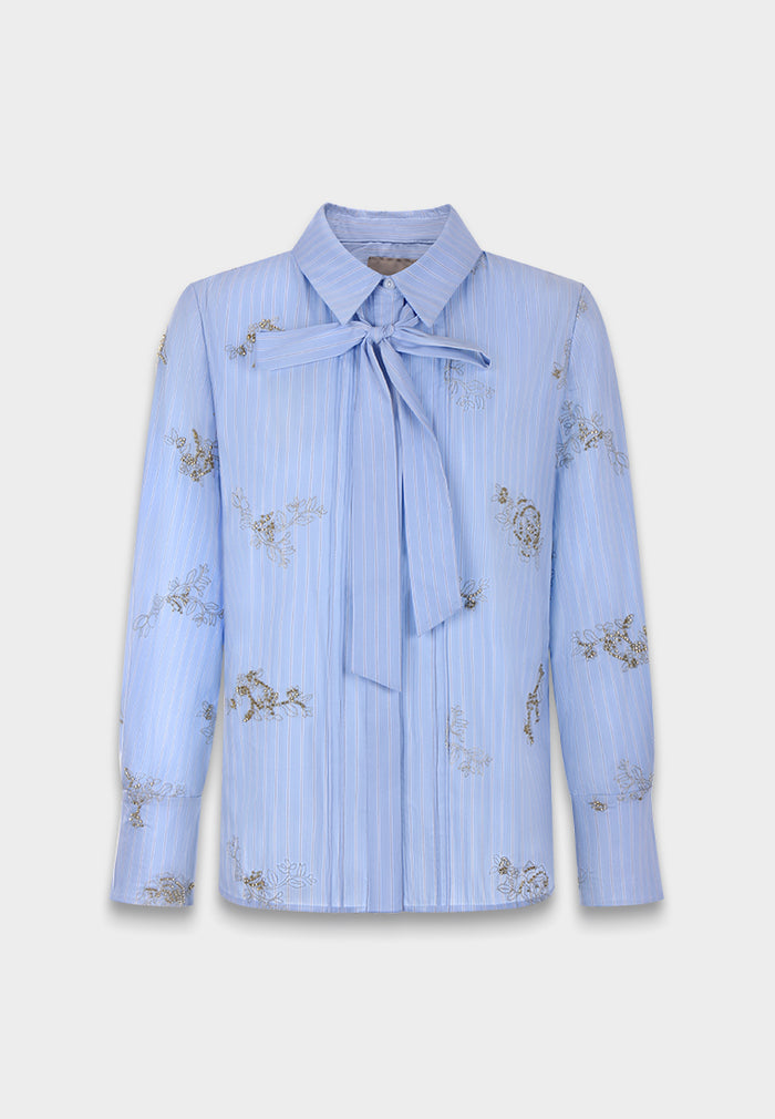Blue Embroidered Bow Blouse