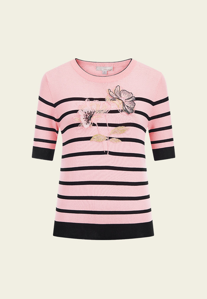 Pink Embroidered Striped Knit Top
