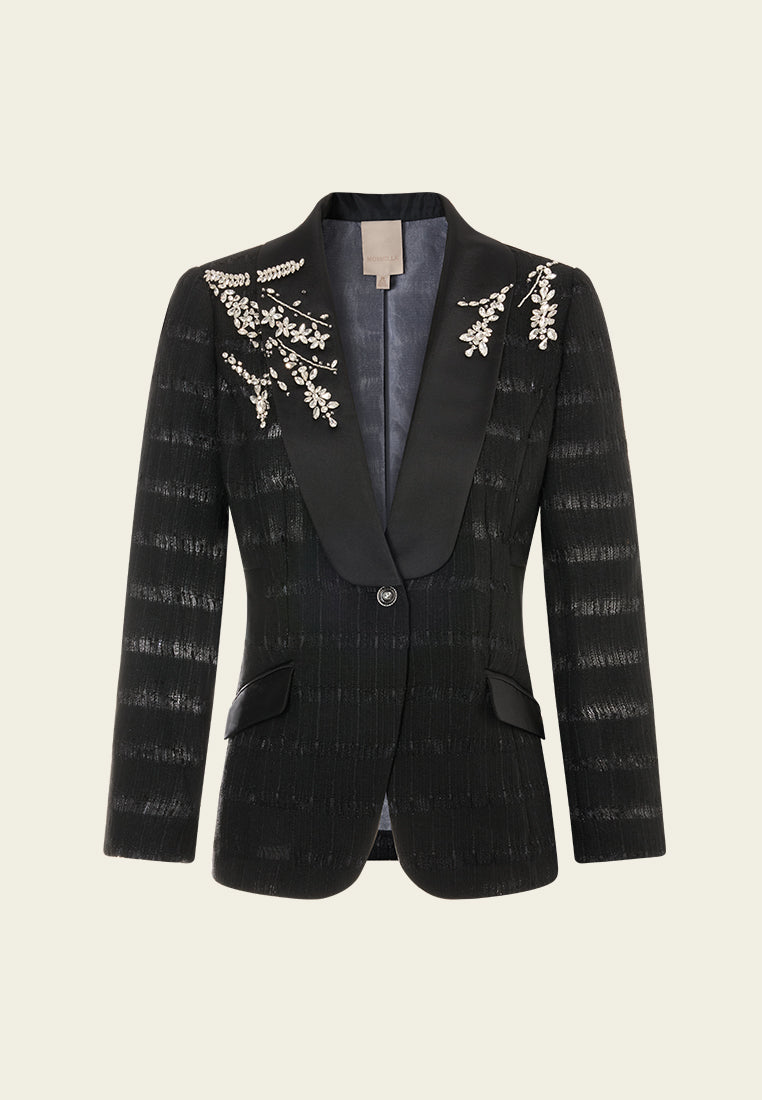 Single-breasted Crystal-embellished Stripped Tweed Jacket