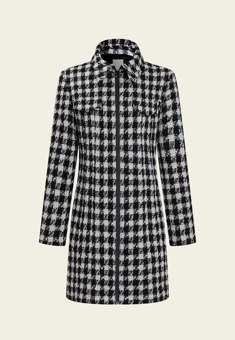 Houndstooth Zip-Front Tailored Coat