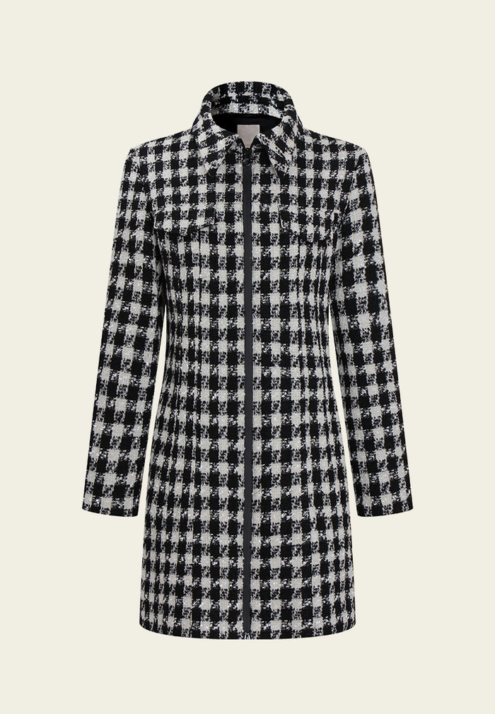 Houndstooth Zip-Front Tailored Coat