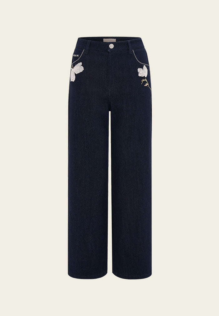 Floral-embroidery Exposed-seam Straight-leg Jeans