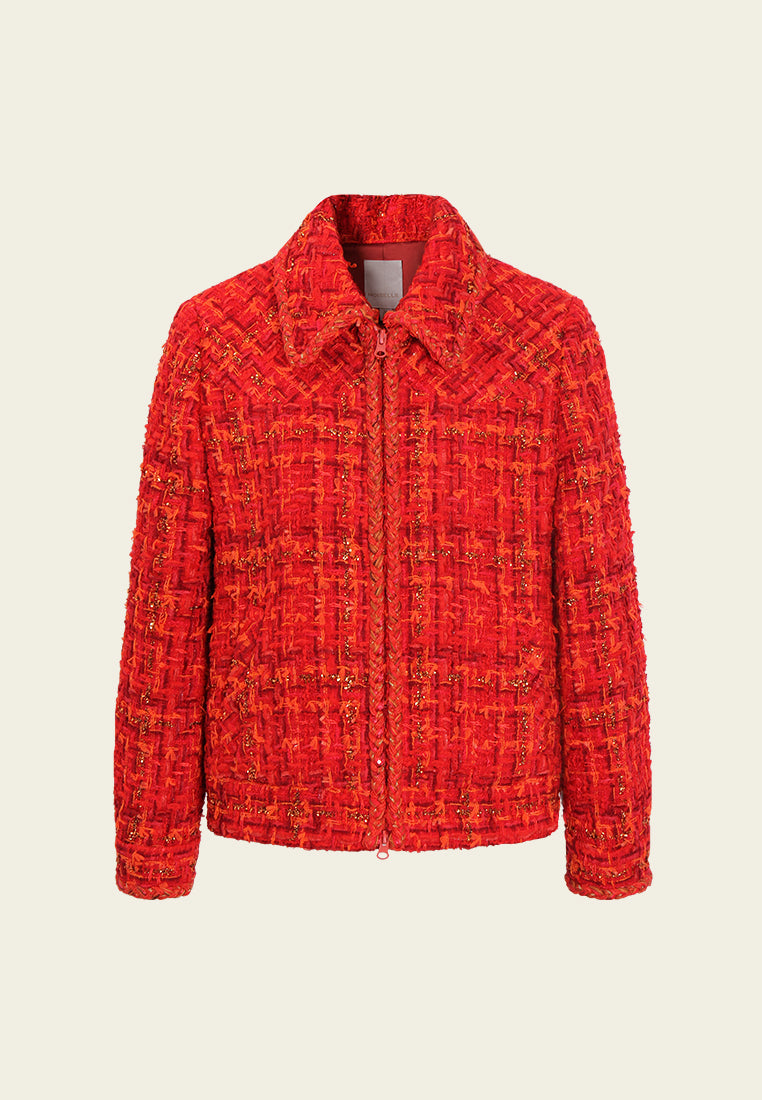 Crimson Flare Zip Tweed Jacket