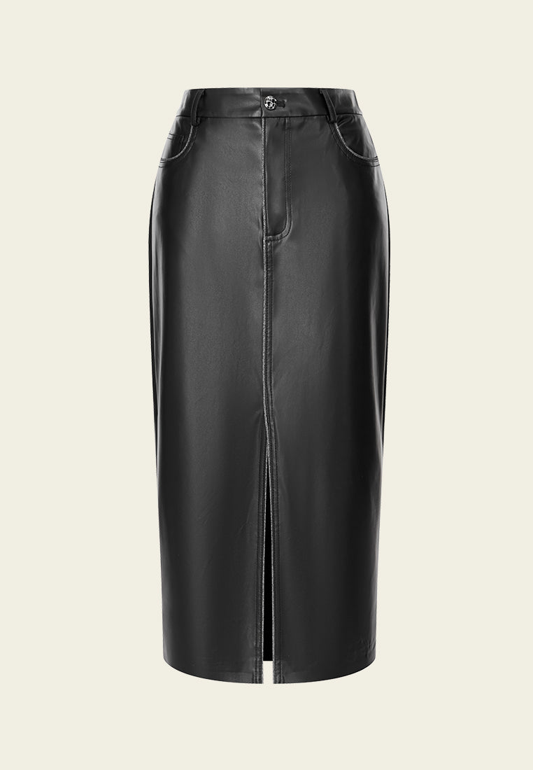 Faux-leather Slit-detail Sliver Lurex-trim Skirt