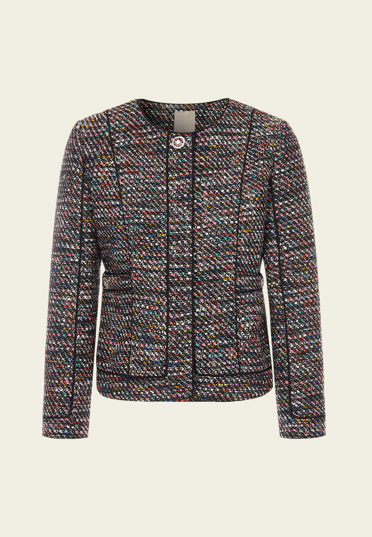 Structured Mixed tweed Round-neck Hollow-carved Crystal Button Jacket