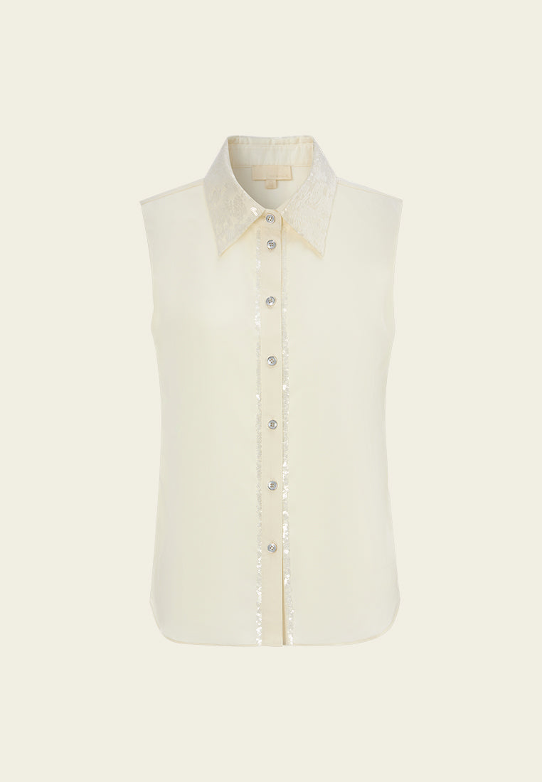 Sequin-embellished Lapel Sleeveless Shirt