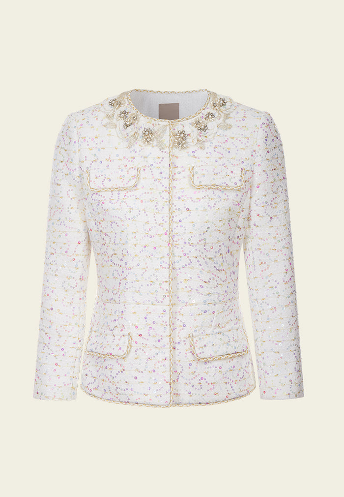 Embellished Candy Tone Sequin-detail Lurex-trim Tweed Jacket