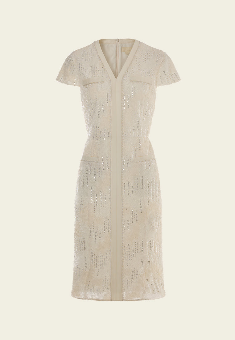 Frayed Detail Welt-pocekt Embellished Dress