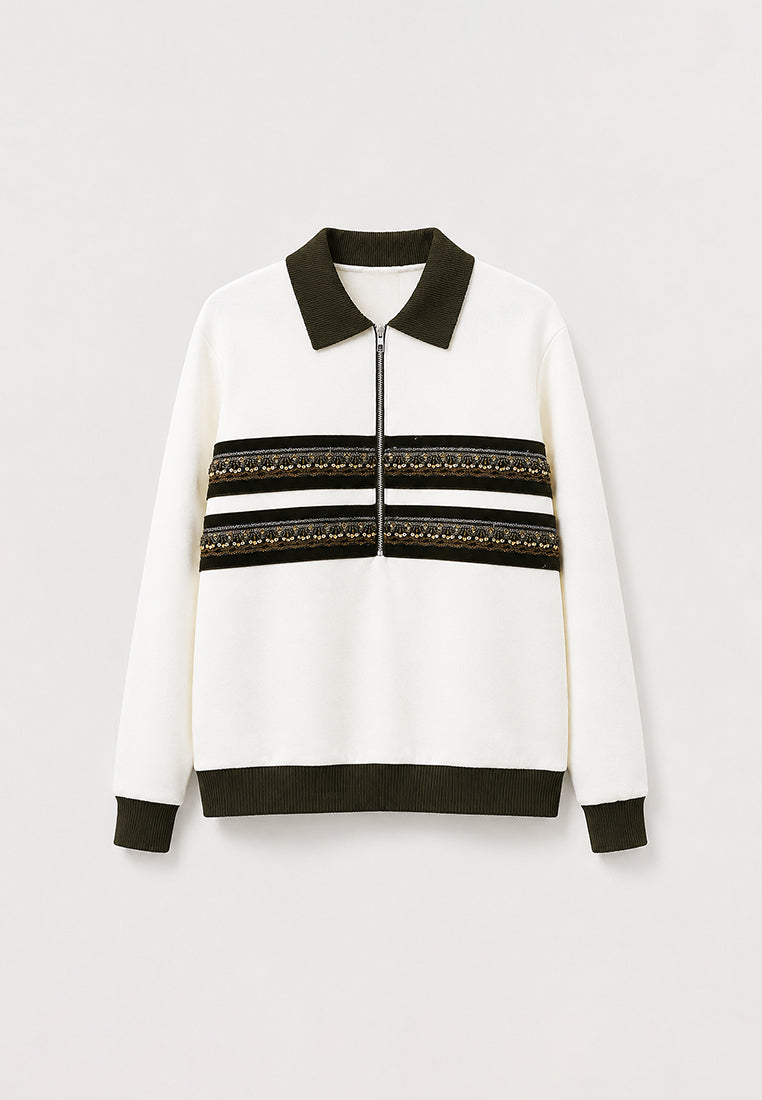Blanc Équestre Embellished Half-Zip Sweater