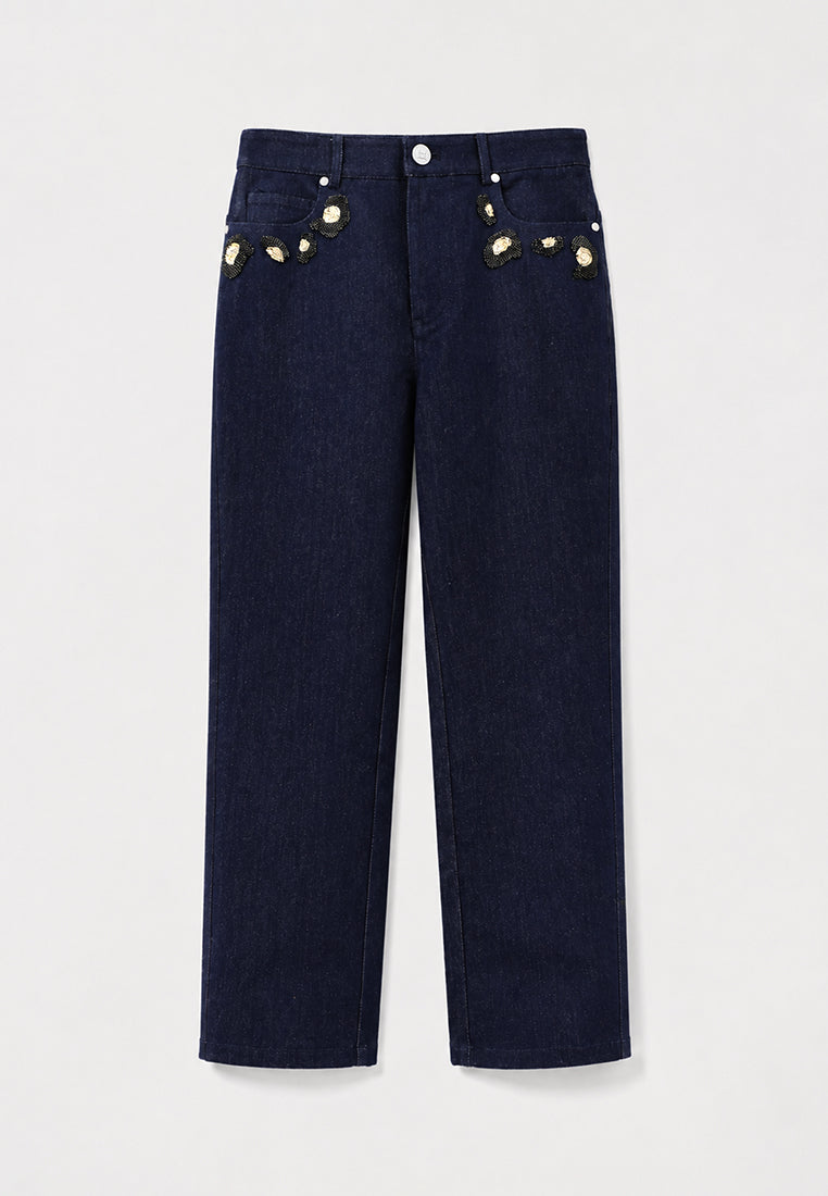 Bleu Denim Sequins Doré Jeans