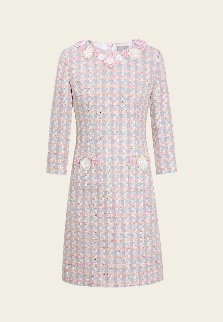 Éclat Fleurie Robe en Tweed Pastel