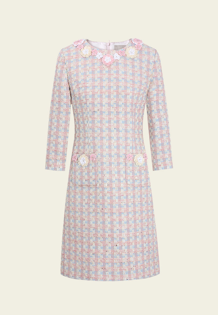 Éclat Fleurie Robe en Tweed Pastel