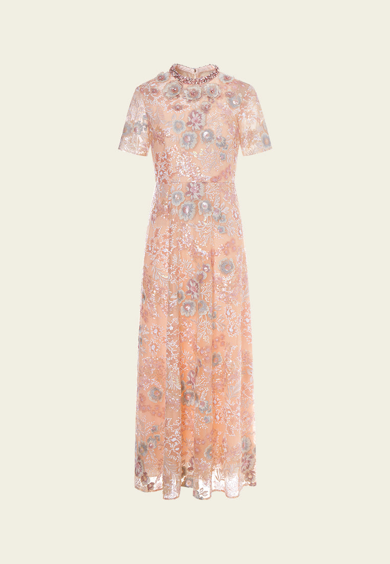 Fantasy Coral Embroidered Mesh Dress