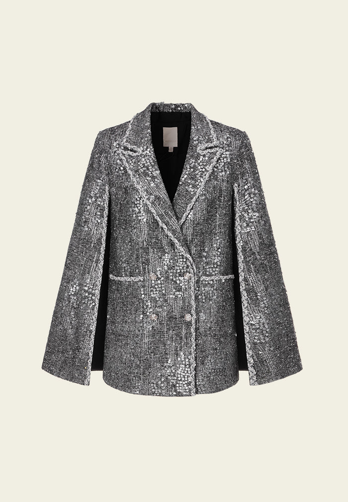 Sequin-detail Sliver-lurex Notch-lapel Cape