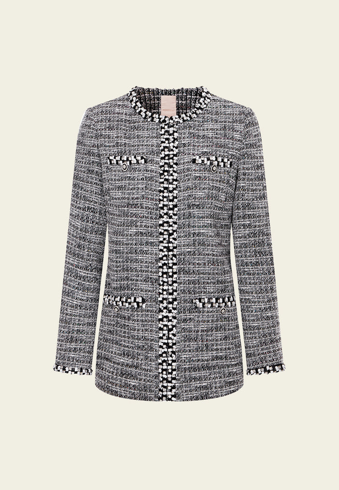 Patch-pocket Ribbed-knit Mixed Tweed Short Coat