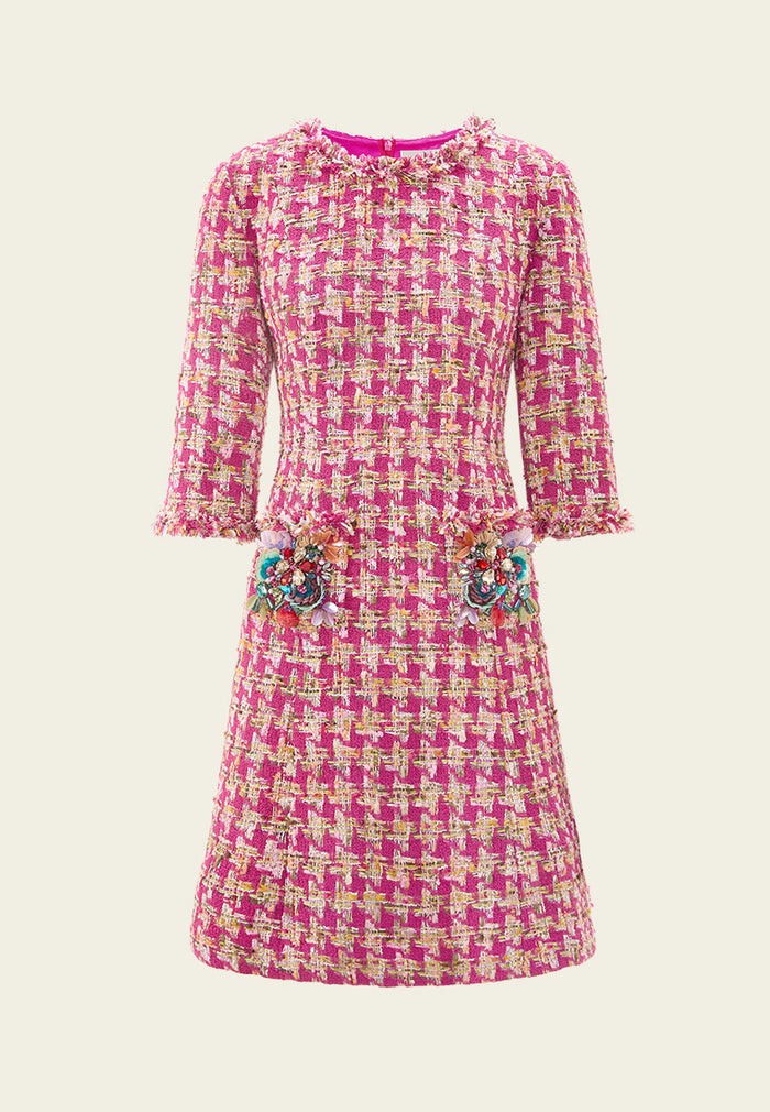 Fuchsia Houndstooth Frayed-trim Embellished Dress