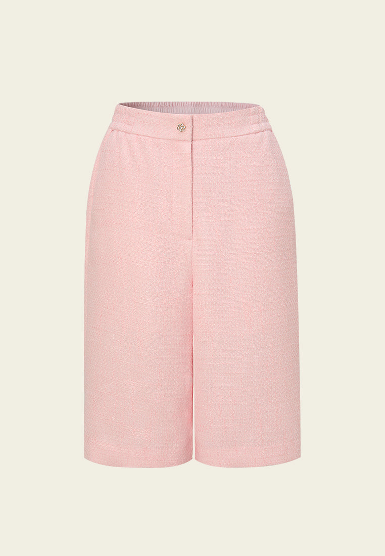 Crystal-button Wide-leg Three-quarter Tweed Trousers Pink