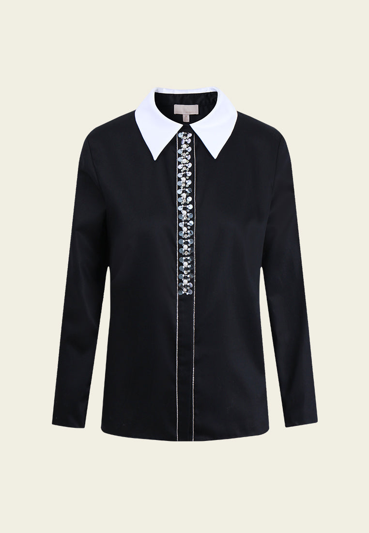 Contrasting-Lapel Embellished Shirt