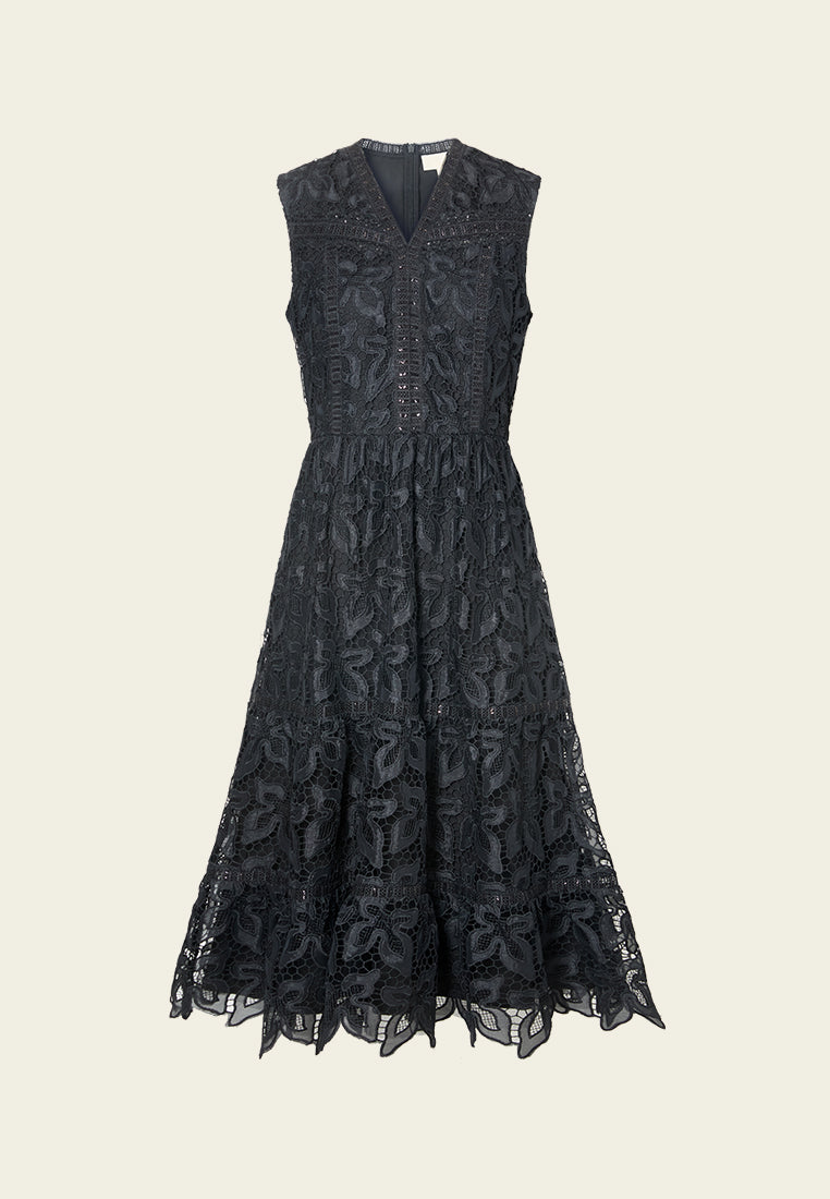 V-neck Panelled Hollow-carved Lace Dress